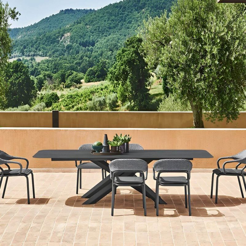 "Modern Gray Metal Patio Dining Arm Chair with Wicker Rattan Back - 4 Piece Set"