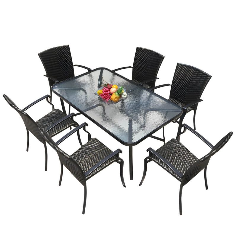 "Contemporary Glass Dining Table Set with Black Woven Chairs for Courtyard - Table & Chair(s) 31.5"L x 31.5"W x 28.3"H 4 Brown/ Clear"