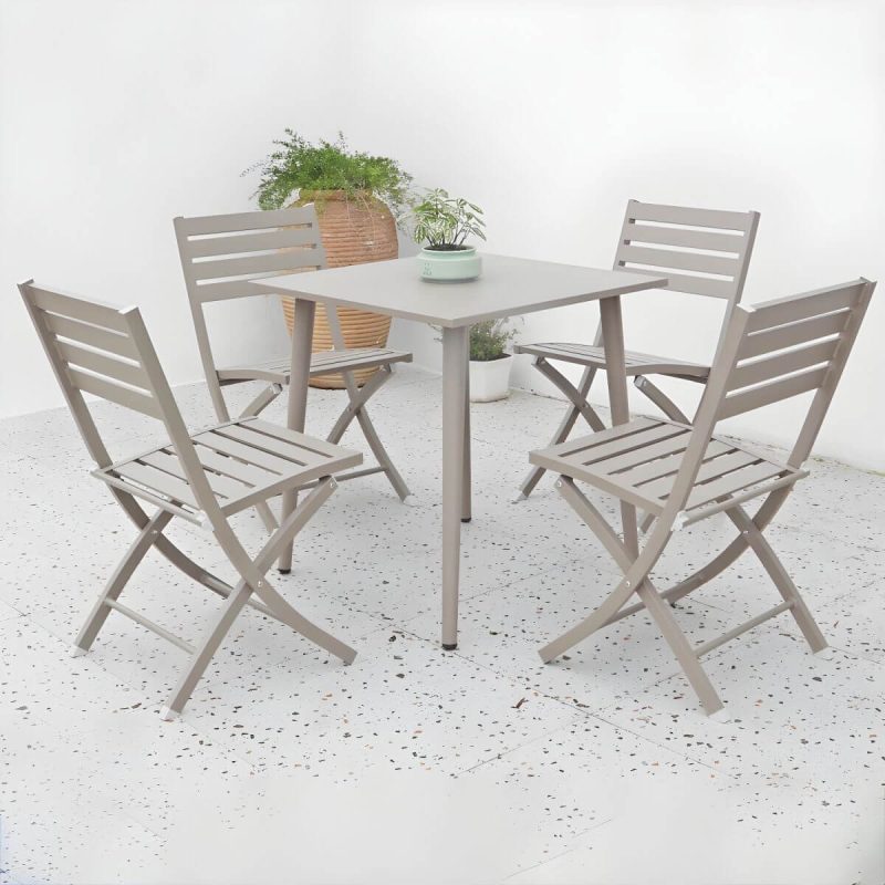 "Metal Modern Folding Patio Dining Set with Strap Back Chairs - Champagne Table & Chair(s) 4 28"L x 28"W x 28"H"