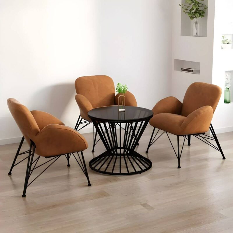 "Contemporary Outdoor Dining Table Furniture Set with Black Round Top for Courtyard - Table & Chair(s) 3 Yellow"