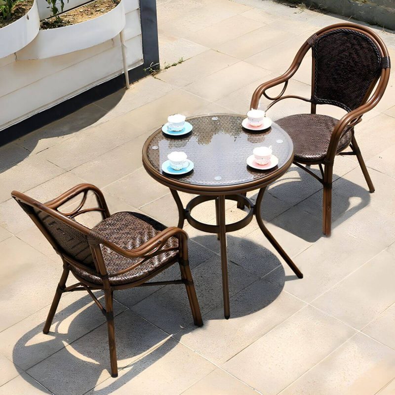 "Modern Brown Glass Top Patio Table Set Metal 4 Legs for Outdoor - Table & Chair(s) 27.6"L x 27.6"W x 29.5"H 2"