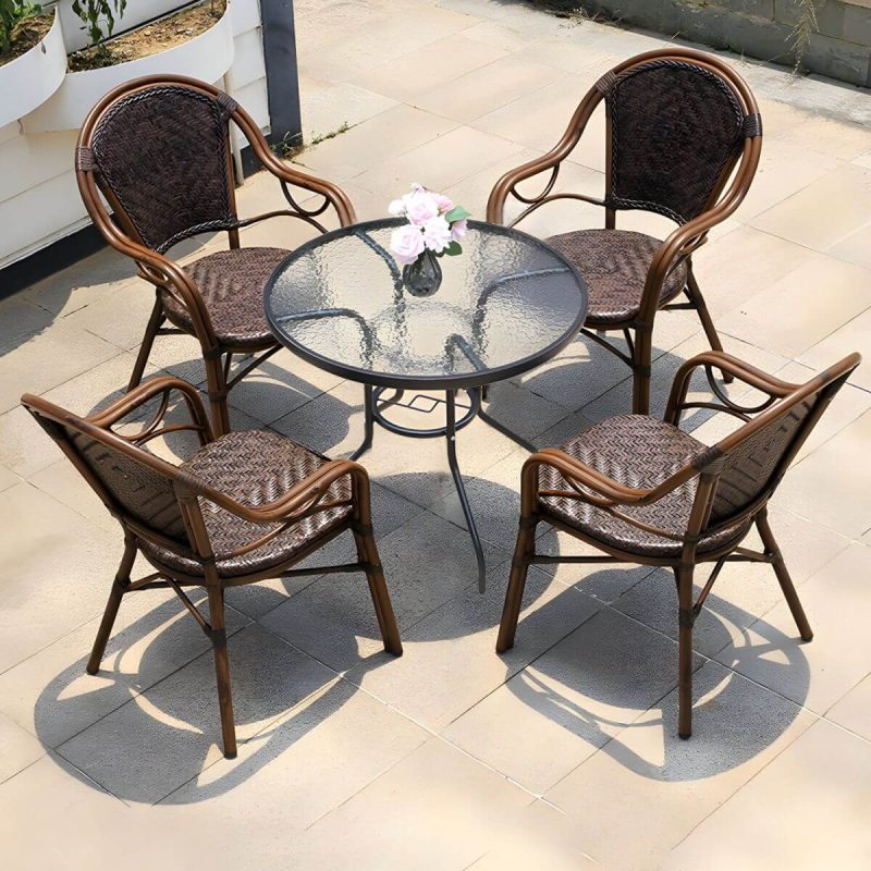 "Modern Brown Glass Top Patio Table Set Metal 4 Legs for Outdoor - Table & Chair(s) 31.5"L x 31.5"W x 28"H 4"