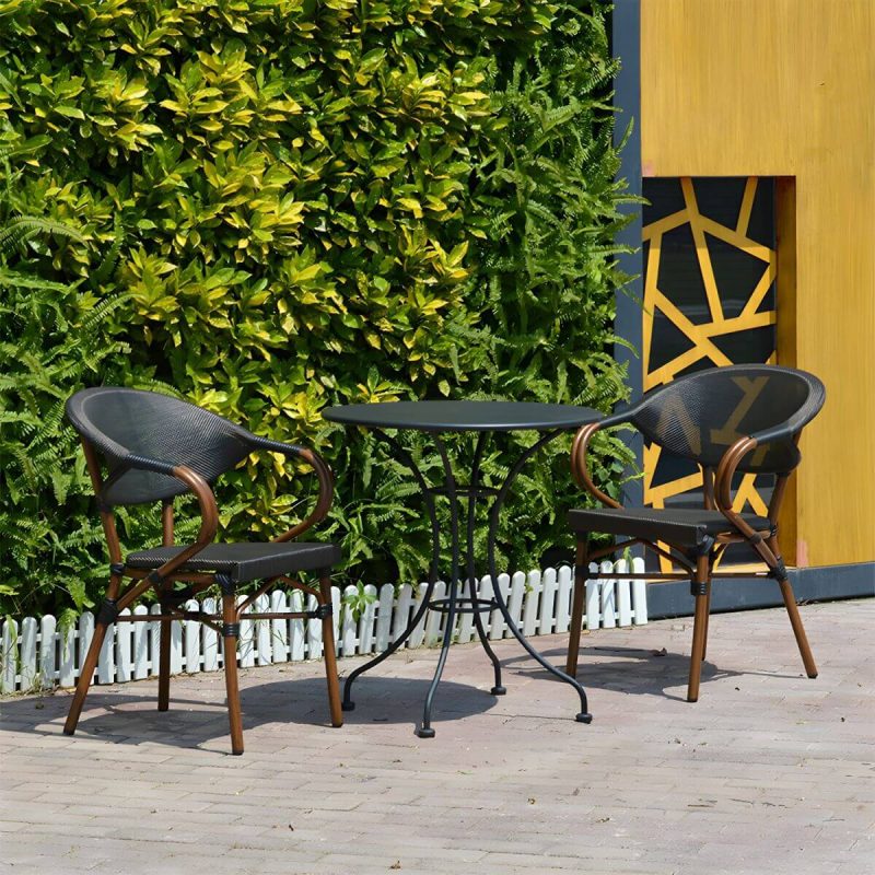 "Modern Brown Wicker/Rattan Patio Dining Set with Stackable Chairs, Metal Table Base - Table & Chair(s) 27.6"L x 27.6"W x 28.7"H 2"