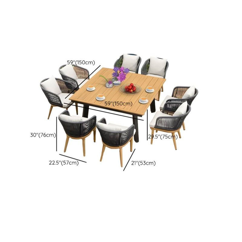 "Dimension of Modern Black Patio Dining Set: Metal Frame, Upholstered White Cushions, Leaf Not Included - Table & 8 Chairs 59.1"L x 59.1"W x 29.5"H"
