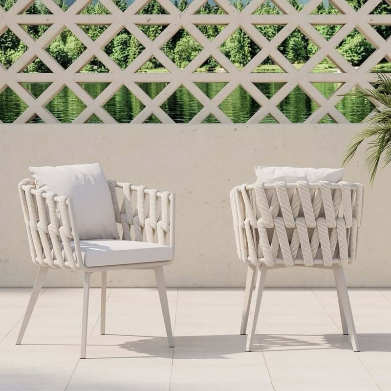 "Set of 2 Hand Woven Rope Outdoor Patio Dining Chair with Cushions in Beige"