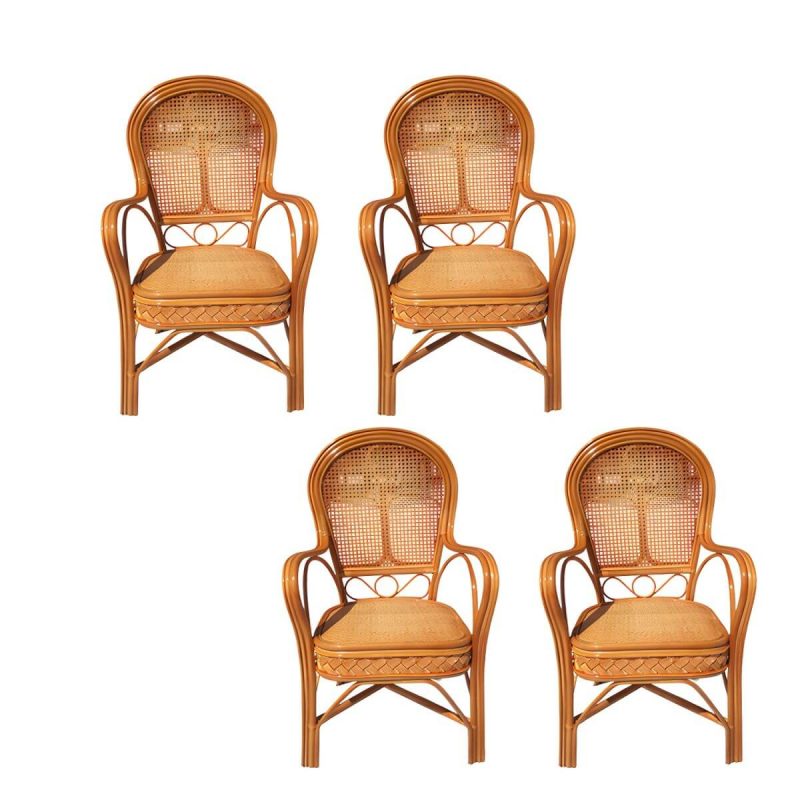 "Traditional Patio Dining Armchair in Rattan Single Outdoor Chair - Natural Finish Rattan Weaving 4 Piece Set"