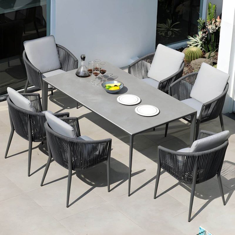 "Contemporary Dining Table Set with Woven Chairs for Courtyard - Table & Chair(s) 160 x 90 x 75 cm 6"