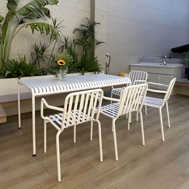 "White Metal Modern Patio Dining Table Waterproof Design without Umbrella Hole - 70.9"L x 27.6"W x 29.5"H Table Only"