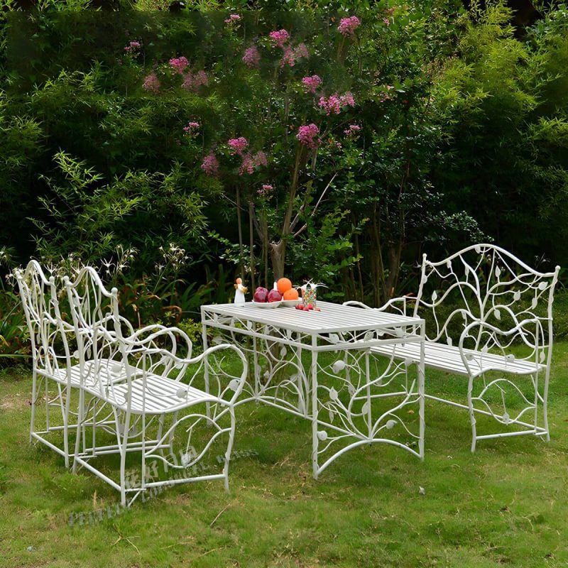 "White Bohemian Style Park Benches Metal distressed Antirust for Outdoor - White"