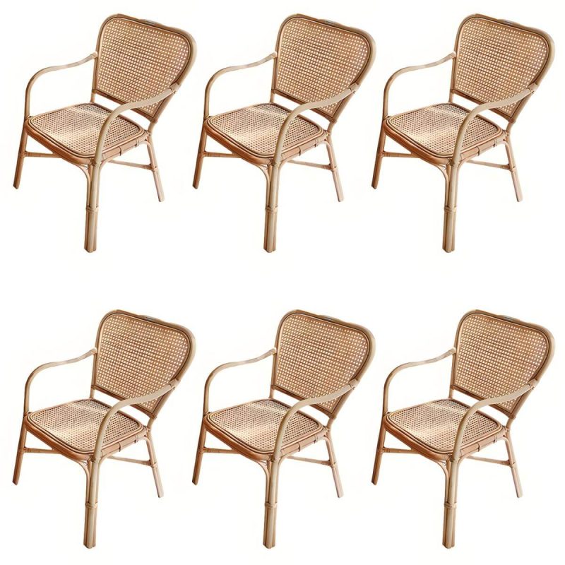 "20" Wide Tropical Rattan Dining Armchair Natural Outdoor Chair - Wood Color 6 Piece Set"
