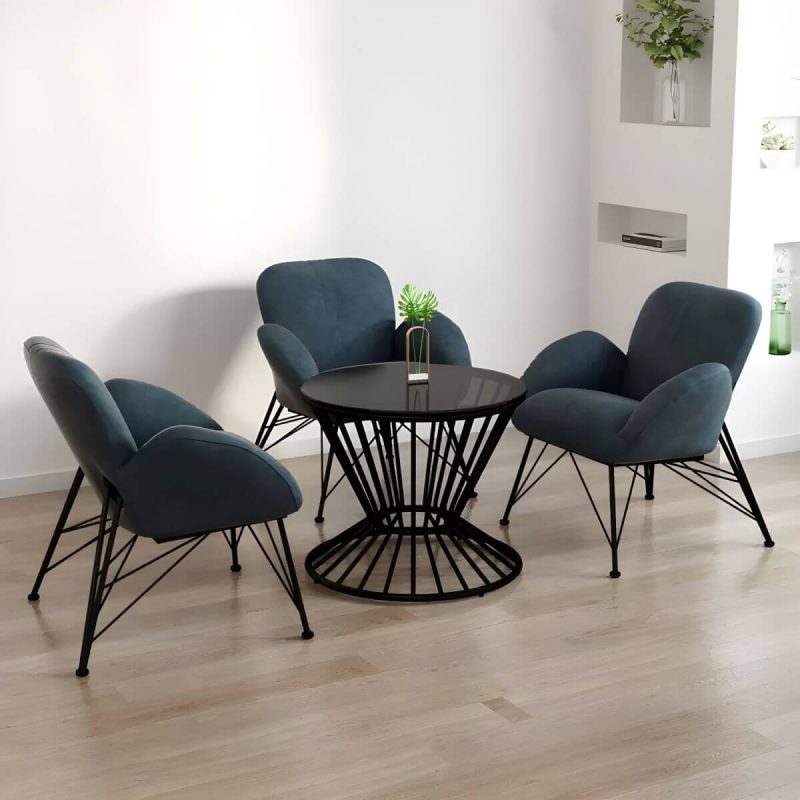 "Contemporary Outdoor Dining Table Furniture Set with Black Round Top for Courtyard - Table & Chair(s) 3 Blue"