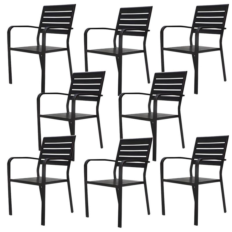 "Aluminum Dining Armchair Stacking Chairs 34.65" High in Black - 8 Piece Set"