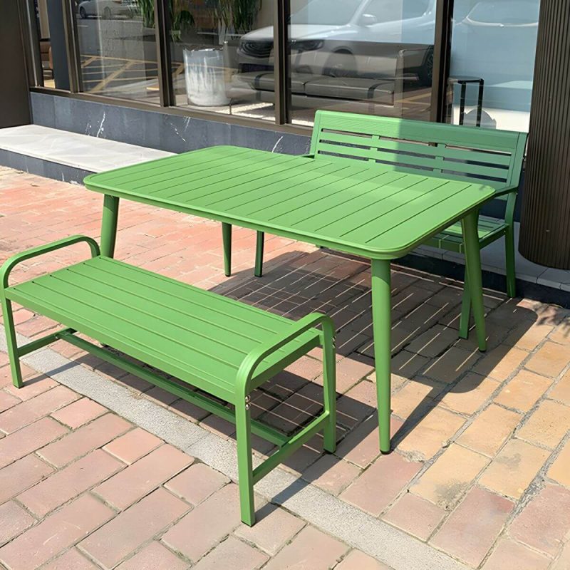 "Sleek Metal Outdoor Dining Set Rectangular Table with 2 Stylish Benches - Table & 2 Chairs & 2 Benches 59"L x 35"W x 29"H Khaki"
