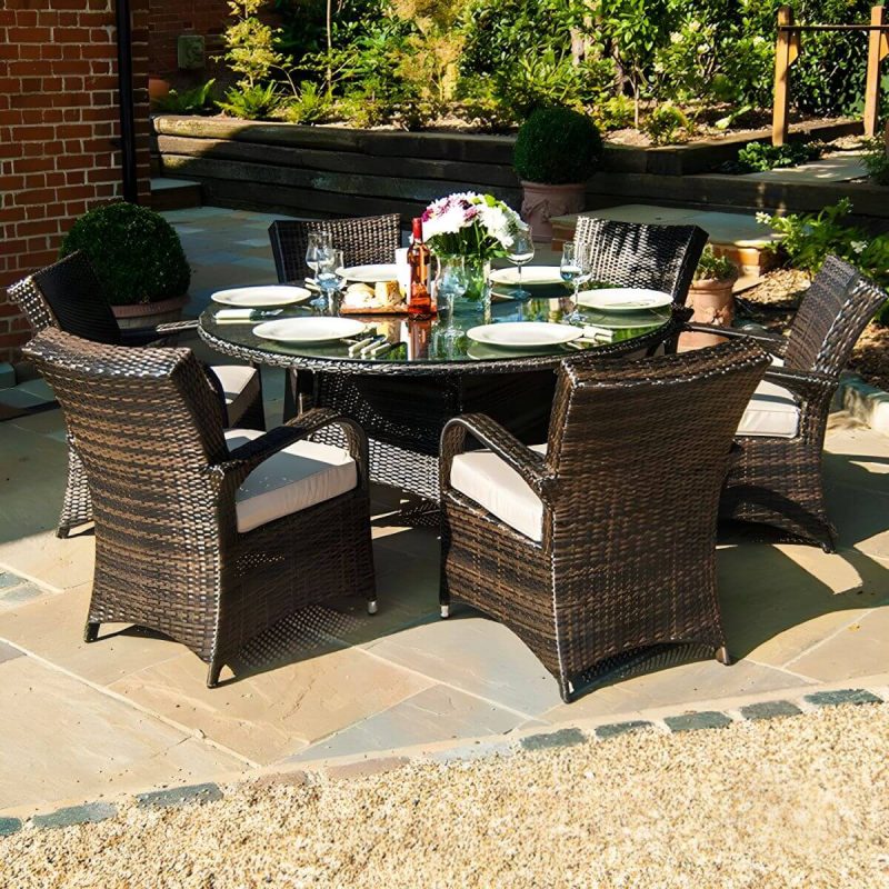 "Glass Brown Dining Table Set with Rattan Chairs for Courtyard - Table & Chair(s) 47.2"L x 47.2"W x 27.6"H 6 Coffee"