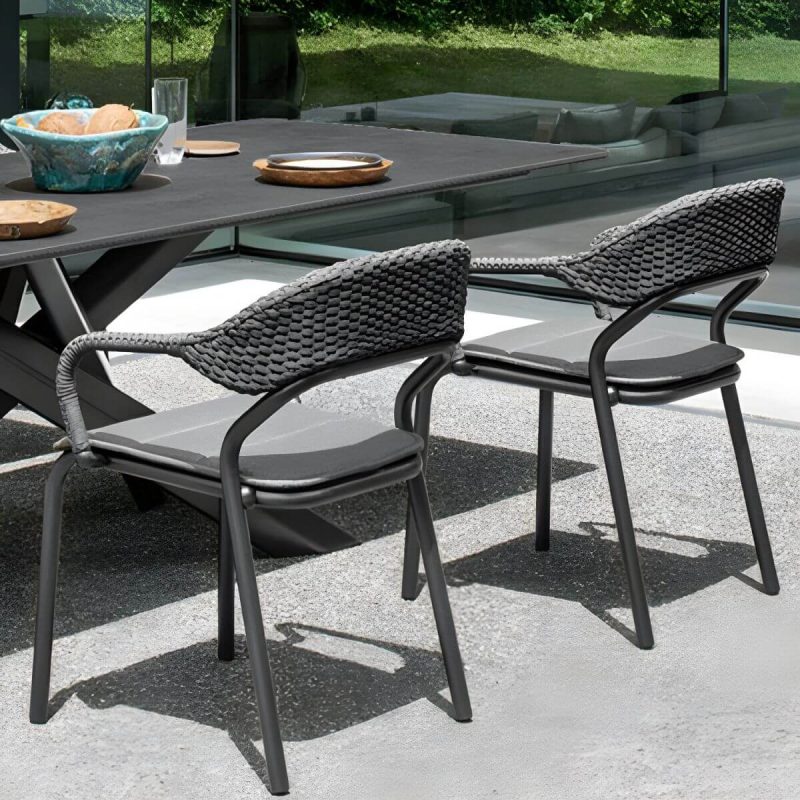 "Modern Gray Metal Patio Dining Arm Chair with Wicker Rattan Back - 2 Piece Set"