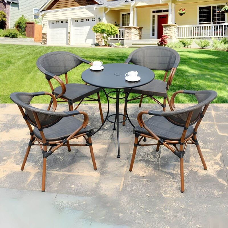 "Metal Modern Brown Patio Dining Set with Stackable Chairs and Weatherproof Durability - Table & Chair(s) 70 x 70 x 73 cm 4"