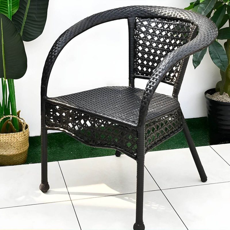 "Modern Stackable Arm Chair with Black Wicker Frame and Back for Outdoor Dining - 4 Piece Set"