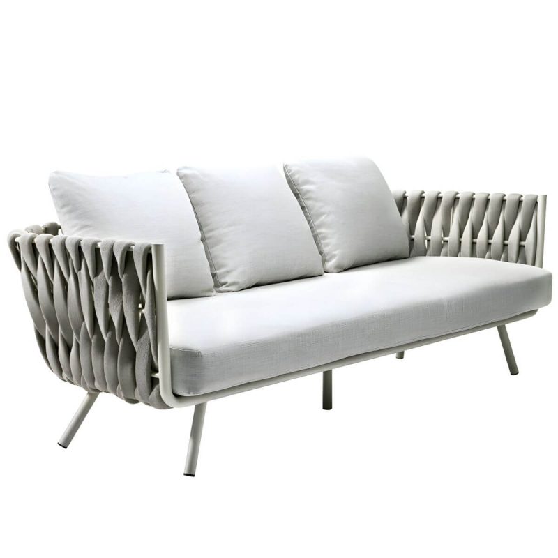 "Gray Metal Framed Modern Sofa with White Upholstery and Cushions - Light Gray 3-Seater Sofa"