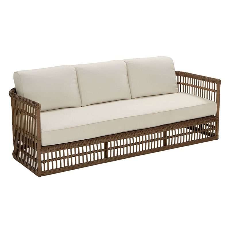 "Modern White Upholstered Wicker/Rattan Sofa with Waterproof Cushions and Pillows - 2-Seater Sofa"