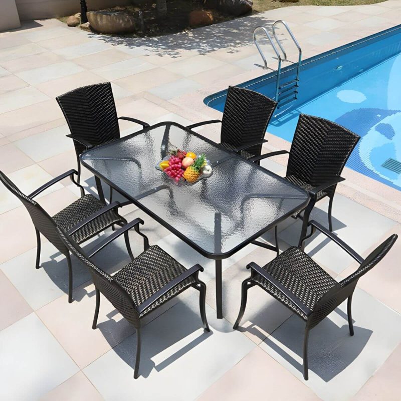 "Contemporary Glass Dining Table Set with Black Woven Chairs for Courtyard - Table & Chair(s) 59"L x 35"W x 28"H 4 Clear"