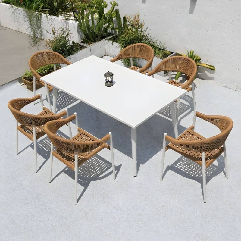 "Weatherproof Outdoor Aluminum Dining Set with Stackable Chairs and Modern Design - Table & Chair(s) 63"L x 35"W x 29"H 6"