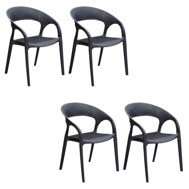 "Black Plastic Outdoor Chair Tropical Dining Armchair Stacking Armchair - 4 Piece Set"