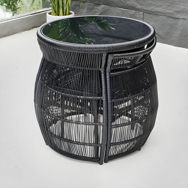 "Modern Black Round Shape Dining Room Chair and Table Set with Woven Chairs - Table & Chair(s) 2"