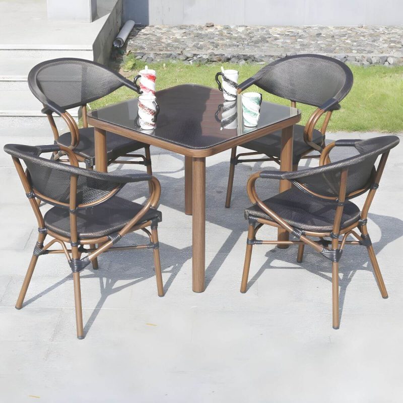 "Metal Modern Brown Patio Dining Set with Stackable Chairs and Weatherproof Durability - Table & Chair(s) 80 x 80 x 73 cm 4"