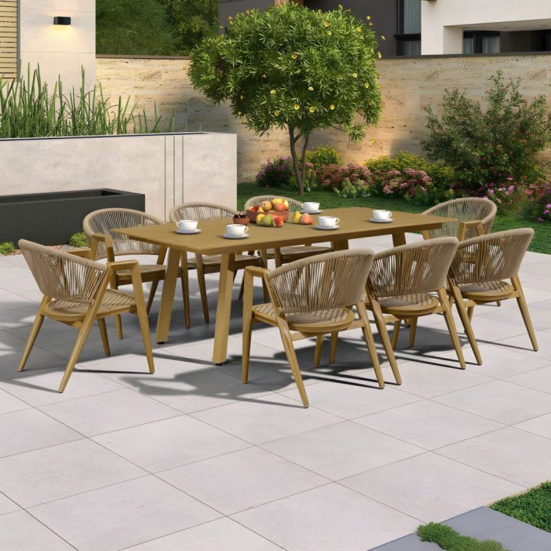 "Mid-Century Modern Metal Patio Dining Set with Non-Upholstered Wicker Chairs - Table & 8 Chairs 81"L x 39"W x 28"H Natural"