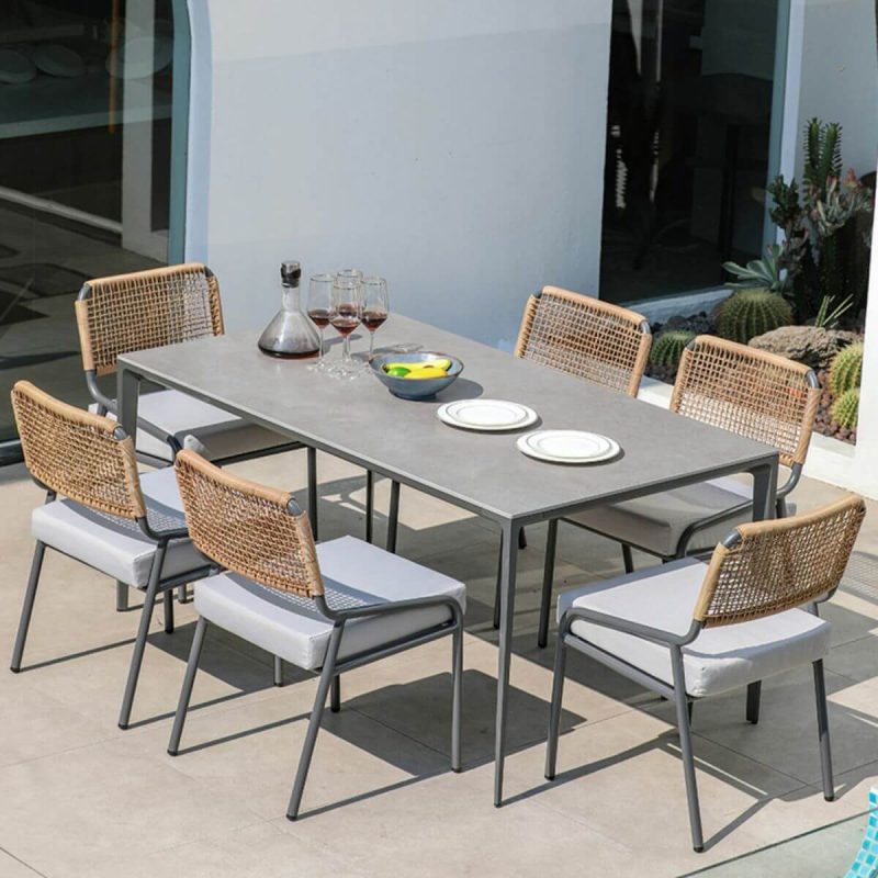 "Grey Patio Table Stone Contemporary Style in Rectangular/Square Shape - Table Only 63"L x 35.4"W x 29.5"H"