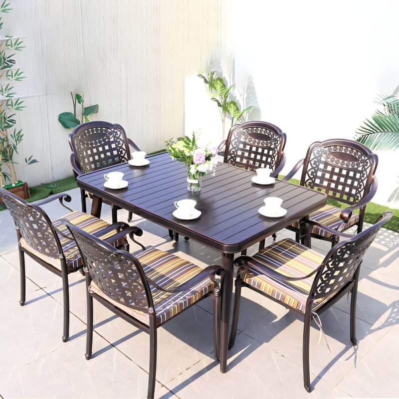 "Modern Brown Patio Dining Set with Upholstered Chairs and Weatherproof Metal Frame - Table & Chair(s) 59.1"L x 35.4"W x 29.5"H 6"
