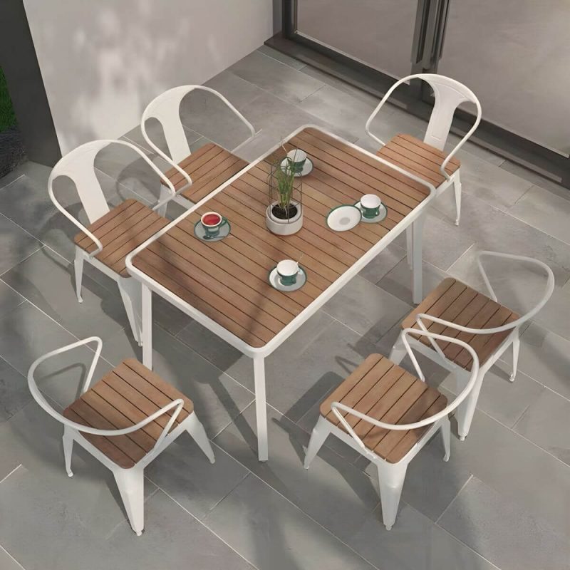 "Industrial Metal Outdoor Dining Table with Wood Top, Perfect for Patios and Outdoor Gatherings - Table Only White 55.1"L x 27.6"W x 29.5"H"