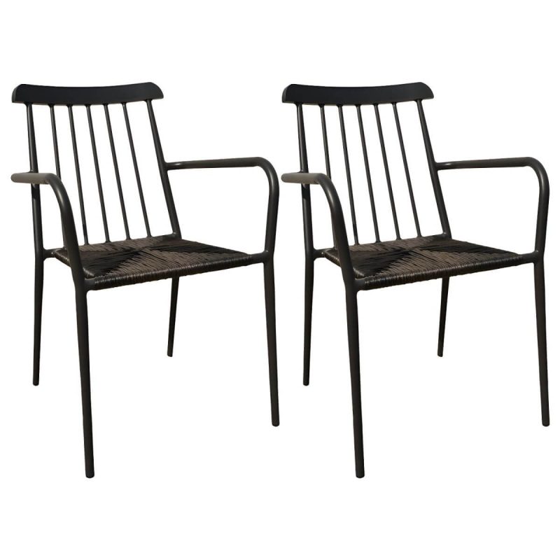 "Tropical Metal Arm Chair with Corrosion Resistant Construction for Outdoor Dining - Black 2 Piece Set"