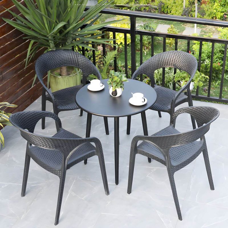 "Contemporary Black Plastic Outdoor Bistro Chairs with Arms and 4 Legs - 8 Piece Set"