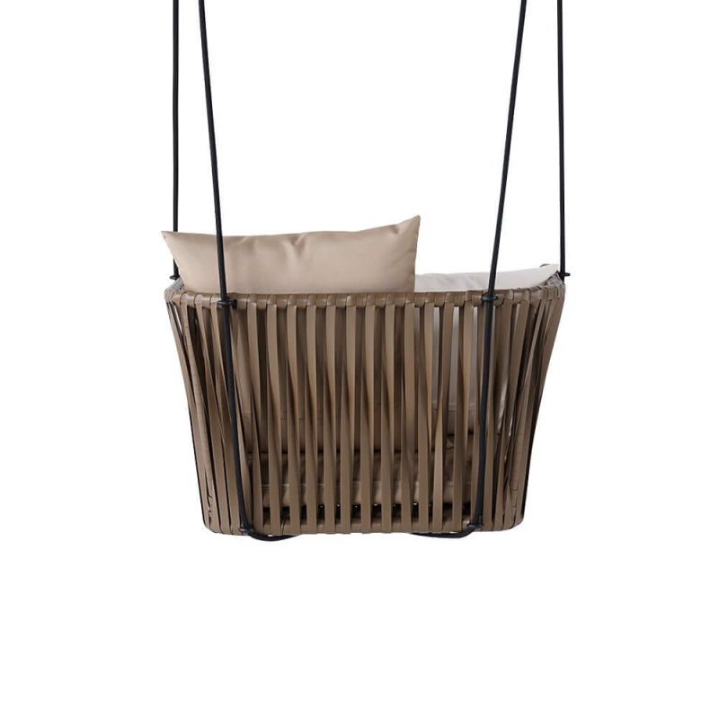 "Traditional Outdoor Hanging Chair Rattan Porch Swing Chair with Khaki Cushion Pillow"