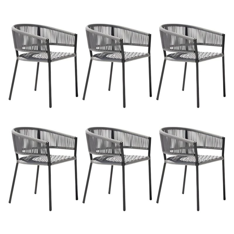 "Modern Aluminum Arm Chair with Gray Wicker Back and Black Metal Frame for outdoor dining - 6 Piece Set"