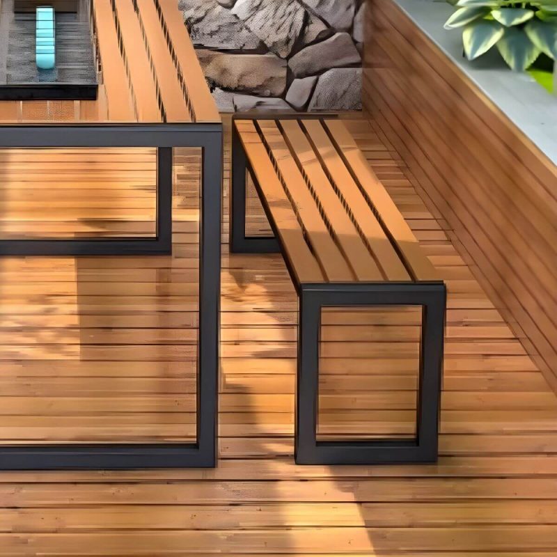 "Metal Modern Weatherproof Patio Dining Set with Stackable Chairs and Bench - Table & Bench(es) 2 Wood Color"