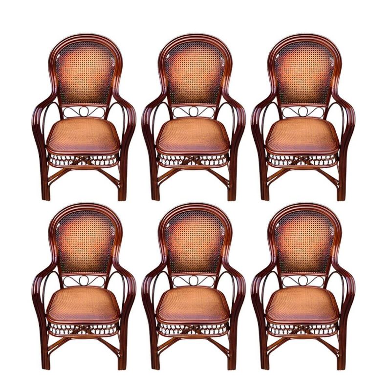 "Traditional Patio Dining Armchair in Rattan Single Outdoor Chair - Burgundy Hollow 6 Piece Set"