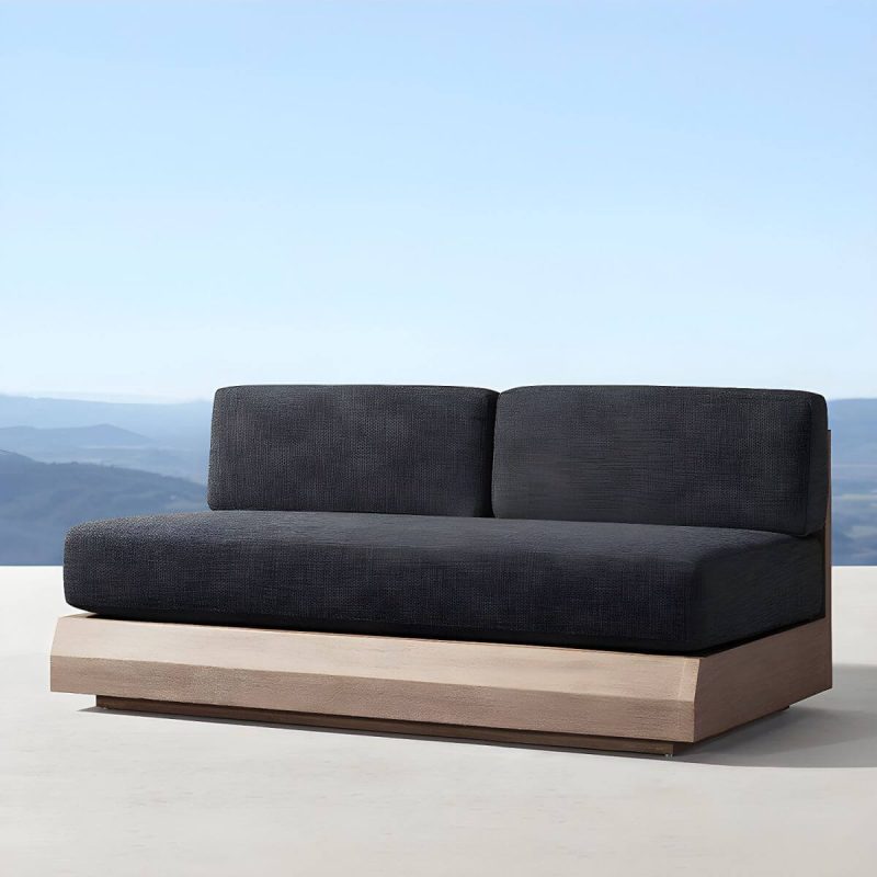"Wood Rectangular Contemporary Patio Sofa with Cushions for Outdoor - Armless Loveseat"