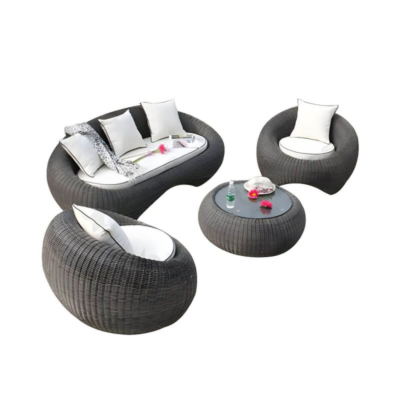 "Glass Coffee Table Included Courtyard Sofas Rattan Weaving Modern in Grey - 4-Piece Set(2 Chairs & 1 3-person Sofa & 1 Coffee Table)"