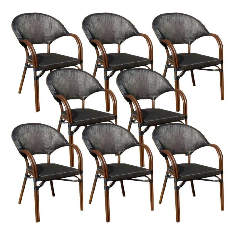 "Traditional Arm Cane Back Dining Chair Stackable for Outdoor - Black 8 Piece Set"