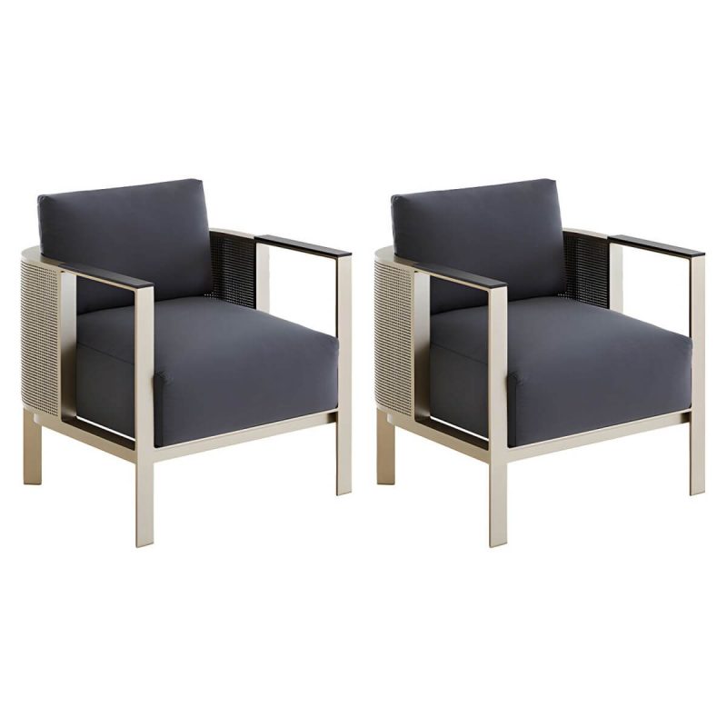 "Modern Gold Metal Arm Chair for Patio Dining with Rust Resistant Features and Brown Upholstery - Dark Gray 2 Piece Set"