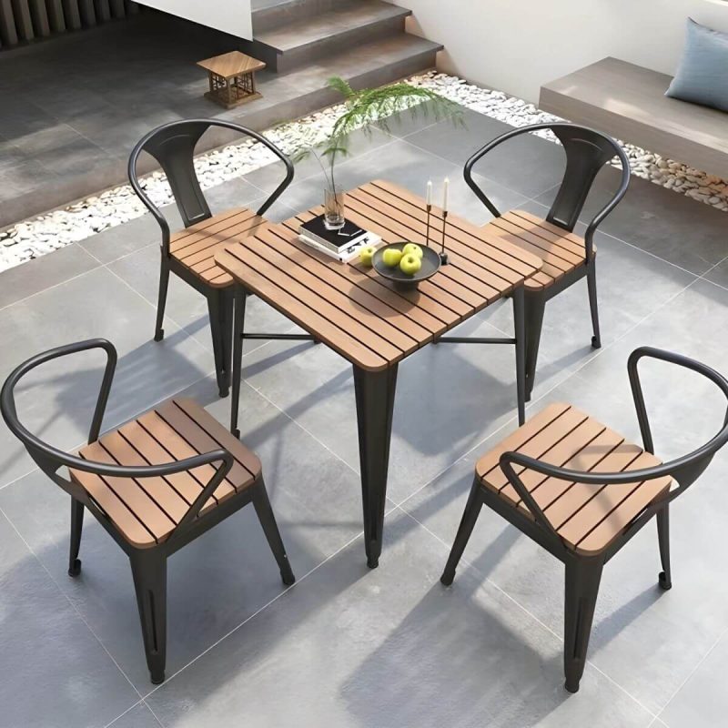 "Industrial Brown Wood Patio Dining Table without Umbrella Hole and UV Resistant Finish - 27.6"L x 27.6"W x 29.5"H Black Table Only"
