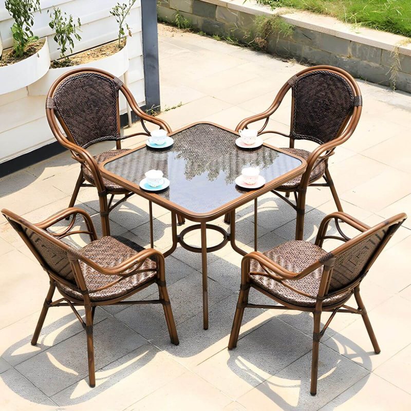 "Modern Brown Glass Top Patio Table Set Metal 4 Legs for Outdoor - Table & Chair(s) 28"L x 28"W x 30"H 4"