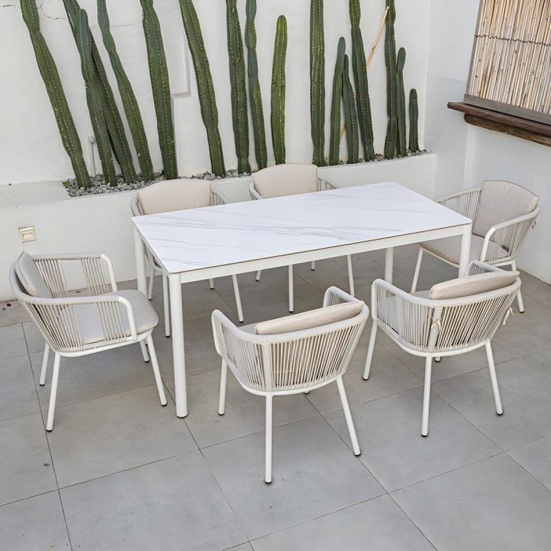 "Modern Rectangle Stone Top Patio Table Set Metal 4 Legs for Outdoor - Table & Chair(s) 63"L x 31.5"W x 29.5"H 6"