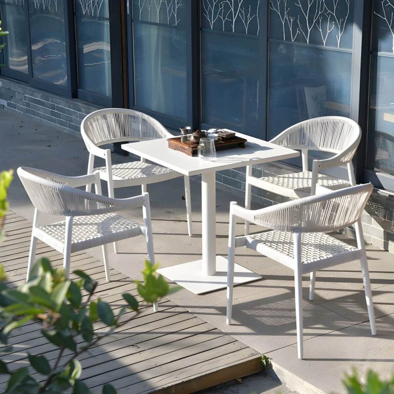 "Weatherproof White Wicker Patio Dining Set with Set of Stackable Chairs - Table & 4 Chairs 27.6"L x 27.6"W x 29.1"H"