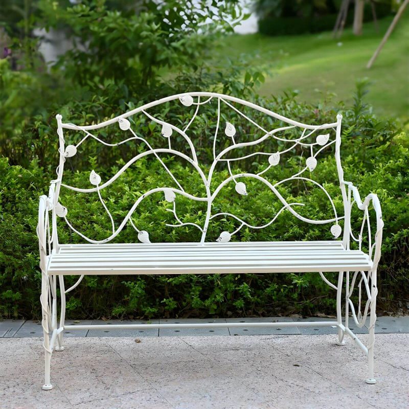 "White Bohemian Style Park Benches Metal distressed Antirust for Outdoor - White"