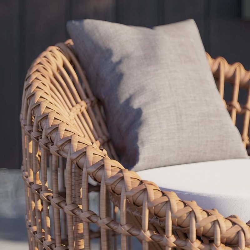 "Austen Rattan Outdoor Barrel Chair Nest Shape Sidechair with Cushion in Brown"