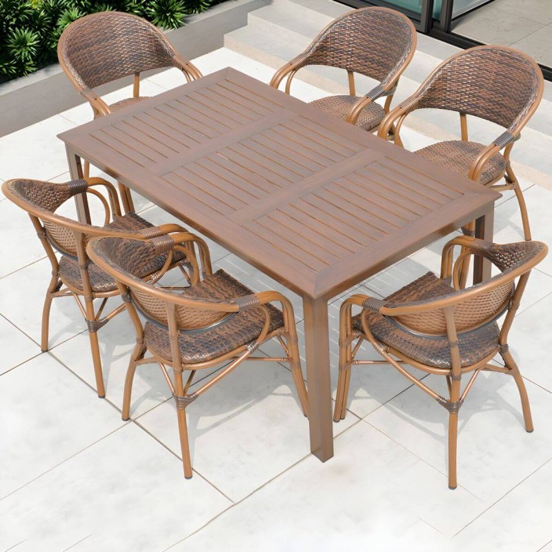 "Traditional Brown Metal Patio Dining Set with Rectangular Table - Table & 6 Chairs 63"L x 35.5"W x 28.3"H"