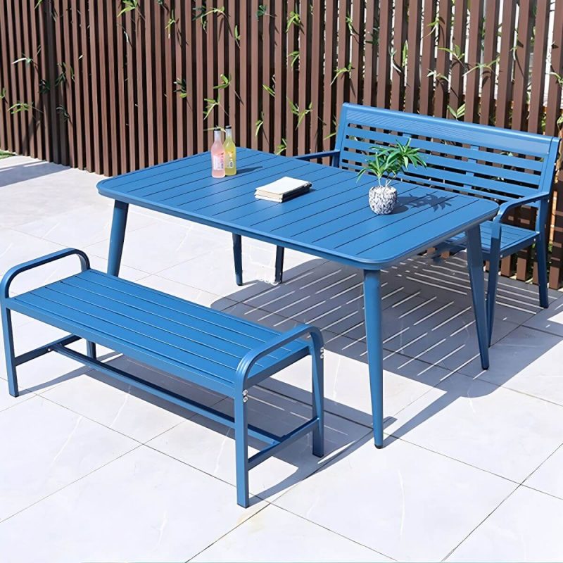 "Sleek Metal Outdoor Dining Set Rectangular Table with 2 Stylish Benches - Table & 2 Benches 47"L x 31"W x 29"H Blue"